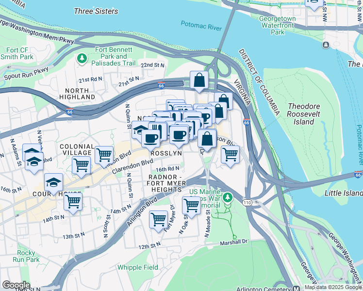 map of restaurants, bars, coffee shops, grocery stores, and more near Wilson Blvd & Clarendon Blvd in Arlington