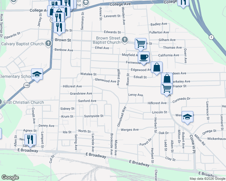 map of restaurants, bars, coffee shops, grocery stores, and more near 912 Willard Avenue in Alton