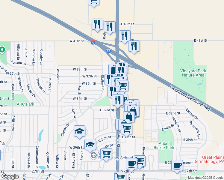 map of restaurants, bars, coffee shops, grocery stores, and more near 3501 Vine Street in Hays