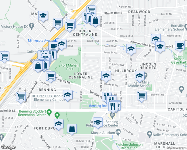 map of restaurants, bars, coffee shops, grocery stores, and more near 4236 Clay Street Northeast in Washington