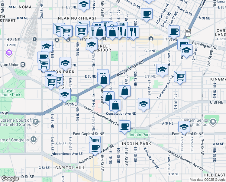 map of restaurants, bars, coffee shops, grocery stores, and more near 901 D Street Northeast in Washington