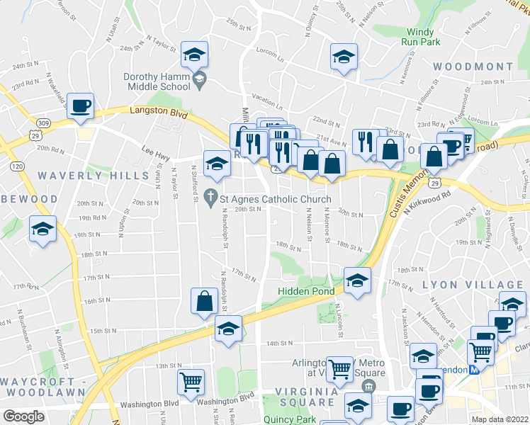 map of restaurants, bars, coffee shops, grocery stores, and more near 1922 North Quincy Street in Arlington