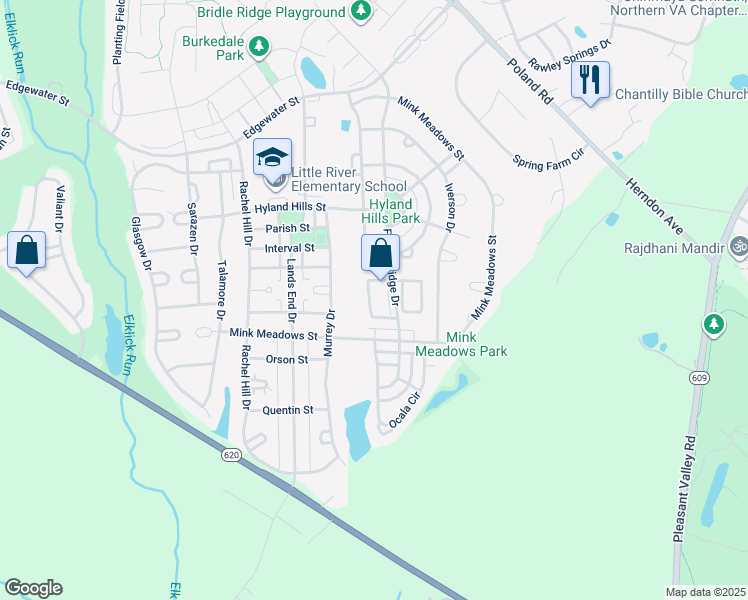 map of restaurants, bars, coffee shops, grocery stores, and more near 26102 Nimbleton Square in Chantilly