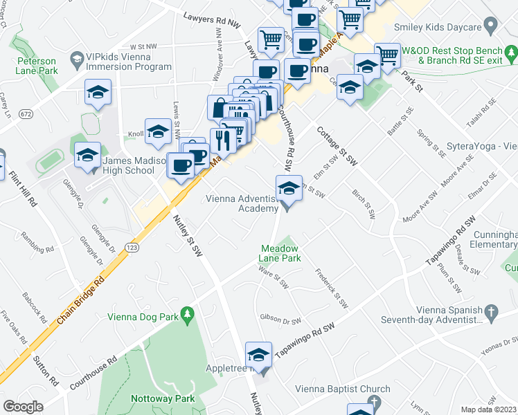 map of restaurants, bars, coffee shops, grocery stores, and more near 307 Johnson Street Southwest in Vienna
