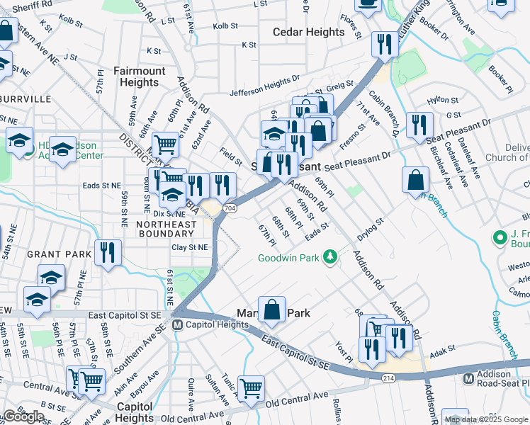 map of restaurants, bars, coffee shops, grocery stores, and more near 6707 James Farmer Way in Capitol Heights