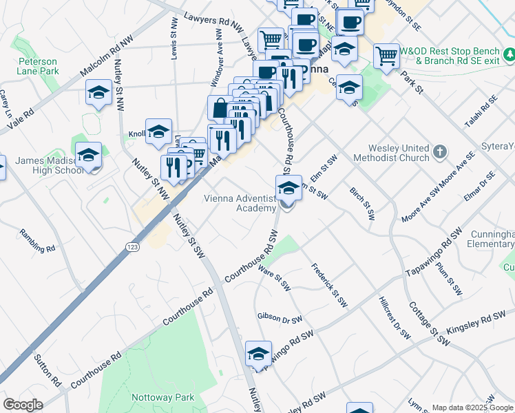 map of restaurants, bars, coffee shops, grocery stores, and more near 307 Johnson Street Southwest in Vienna