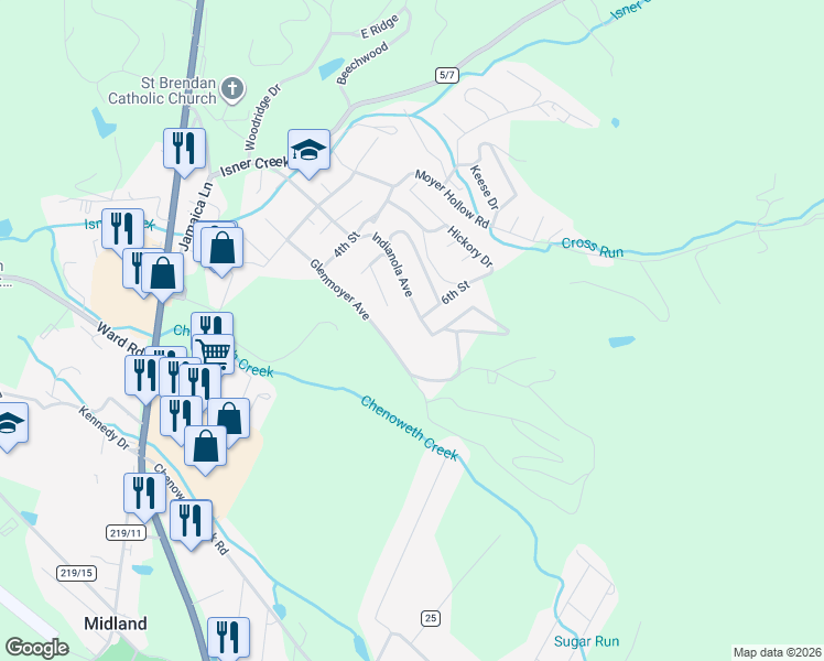 map of restaurants, bars, coffee shops, grocery stores, and more near 413-431 Indianola Avenue in Elkins