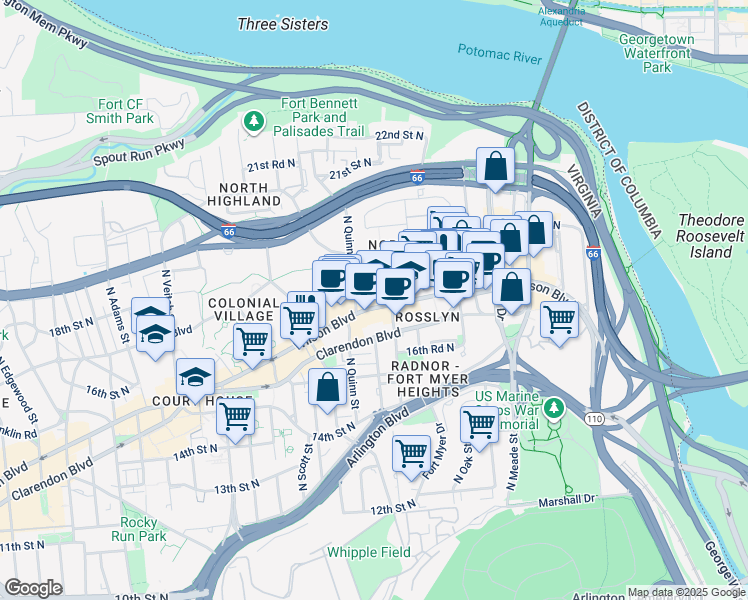 map of restaurants, bars, coffee shops, grocery stores, and more near 1601 Wilson Boulevard in Arlington