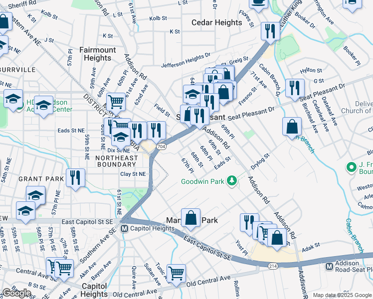 map of restaurants, bars, coffee shops, grocery stores, and more near 6707 James Farmer Way in Capitol Heights