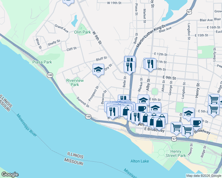 map of restaurants, bars, coffee shops, grocery stores, and more near 228 West 7th Street in Alton