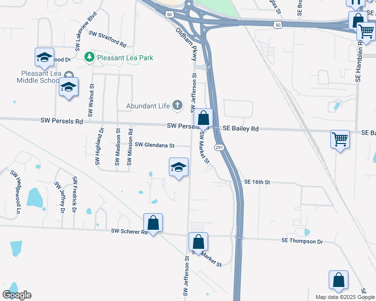 map of restaurants, bars, coffee shops, grocery stores, and more near 1420 Southwest Jefferson Street in Lee's Summit