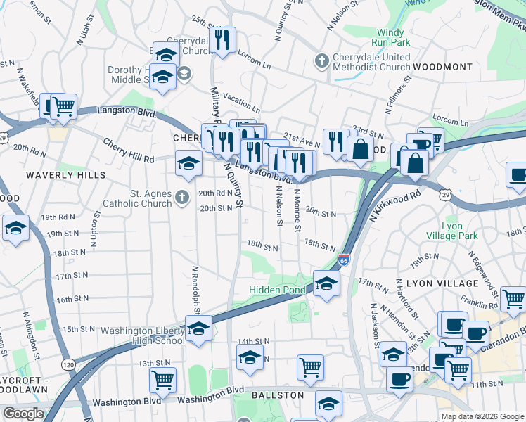 map of restaurants, bars, coffee shops, grocery stores, and more near 20th St N & N Oakland St in Arlington