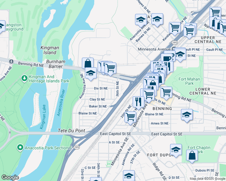 map of restaurants, bars, coffee shops, grocery stores, and more near 339 35th Street Northeast in Washington