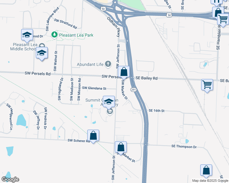 map of restaurants, bars, coffee shops, grocery stores, and more near 1420 Southwest Jefferson Street in Lee's Summit