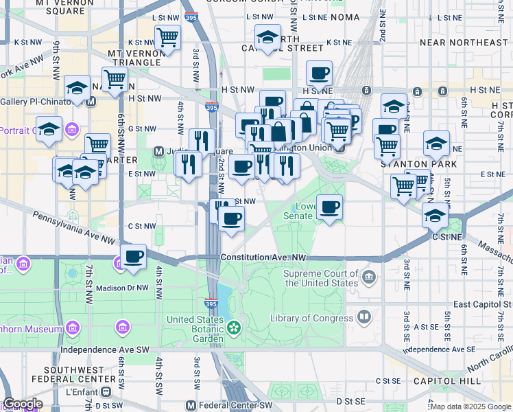 map of restaurants, bars, coffee shops, grocery stores, and more near 101 Independence Avenue Southeast in Washington