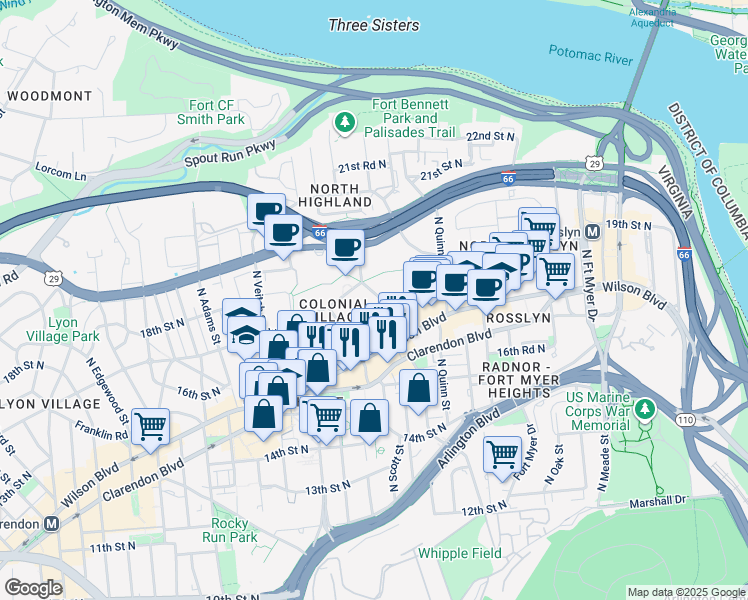 map of restaurants, bars, coffee shops, grocery stores, and more near 1762 North Rhodes Street in Arlington