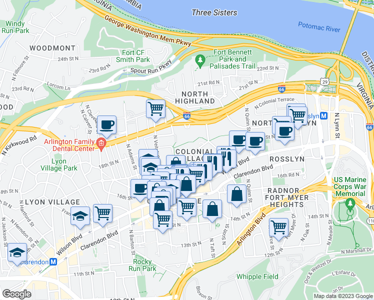 map of restaurants, bars, coffee shops, grocery stores, and more near 1913 Key Boulevard in Arlington