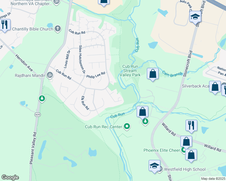 map of restaurants, bars, coffee shops, grocery stores, and more near 15122 Bernadette Court in Chantilly
