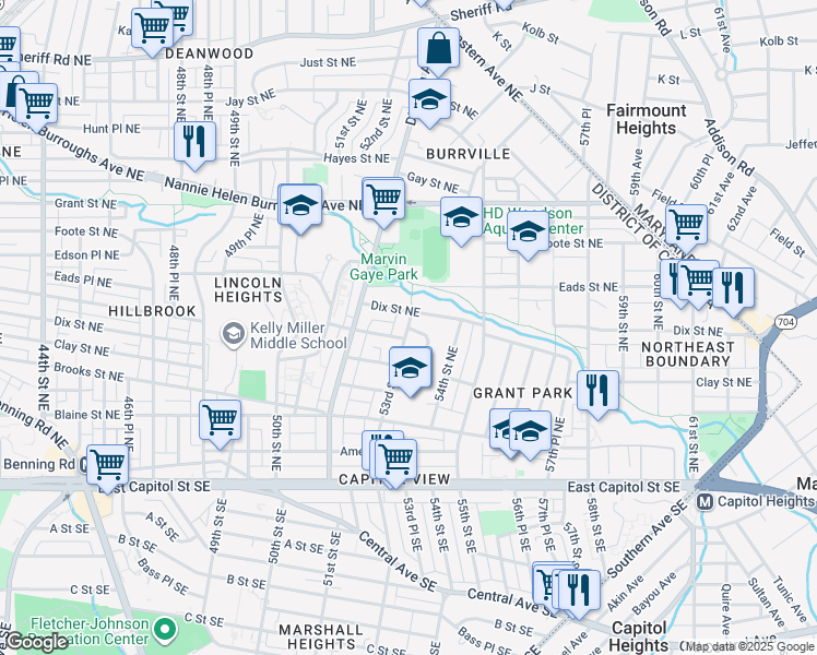 map of restaurants, bars, coffee shops, grocery stores, and more near 5398 Clay Terrace Northeast in Washington