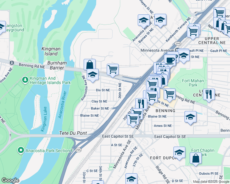 map of restaurants, bars, coffee shops, grocery stores, and more near 339 35th Street Northeast in Washington
