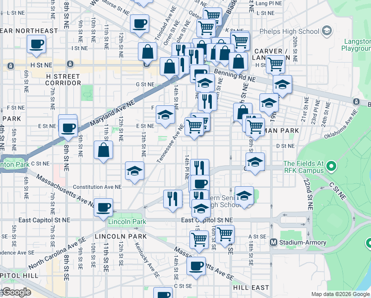 map of restaurants, bars, coffee shops, grocery stores, and more near 101 Independence Avenue Southeast in Washington
