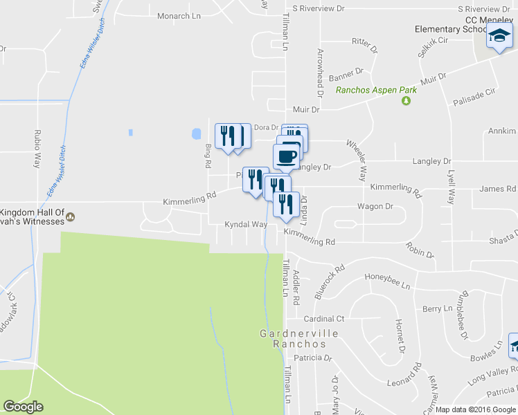 map of restaurants, bars, coffee shops, grocery stores, and more near 1281 Kimmerling Road in Gardnerville