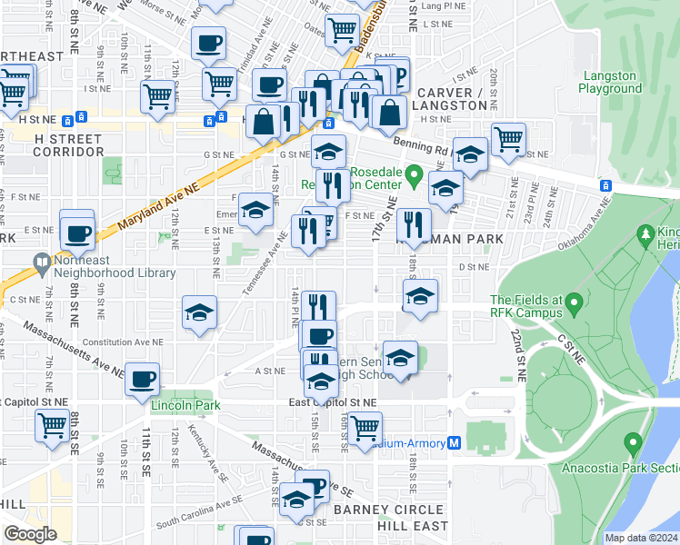 map of restaurants, bars, coffee shops, grocery stores, and more near 1535 D Street Northeast in Washington