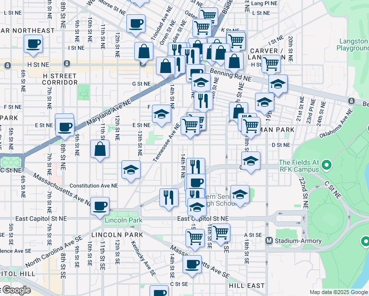 map of restaurants, bars, coffee shops, grocery stores, and more near 101 Independence Avenue Southeast in Washington
