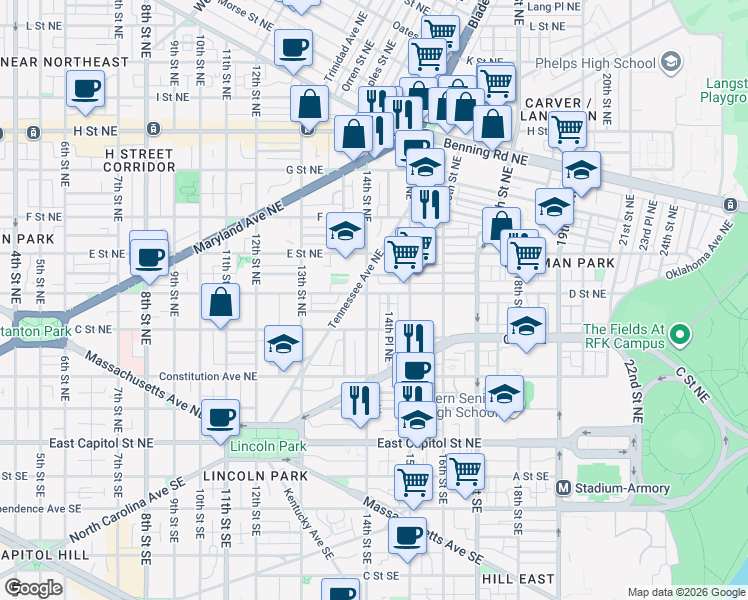 map of restaurants, bars, coffee shops, grocery stores, and more near 101 Independence Avenue Southeast in Washington