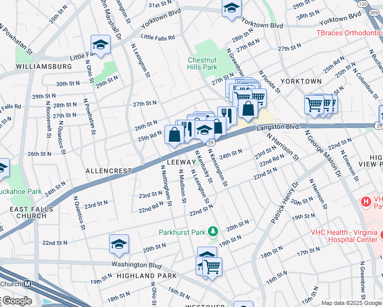 map of restaurants, bars, coffee shops, grocery stores, and more near 5722 Lee Highway in Arlington