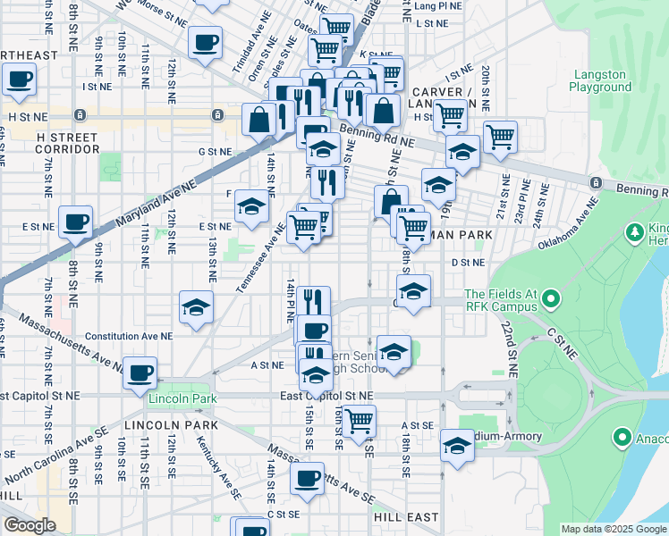 map of restaurants, bars, coffee shops, grocery stores, and more near 1535 D Street Northeast in Washington