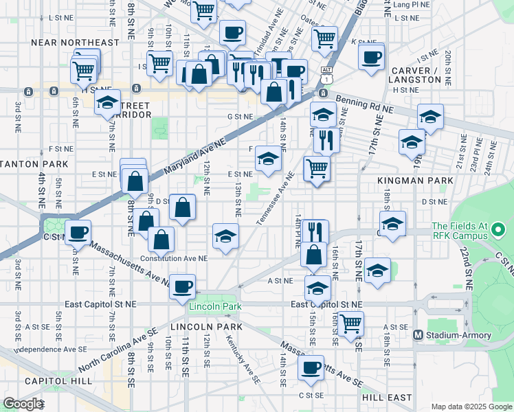 map of restaurants, bars, coffee shops, grocery stores, and more near 1329 D Street Northeast in Washington