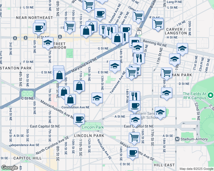 map of restaurants, bars, coffee shops, grocery stores, and more near 101 Independence Avenue Southeast in Washington