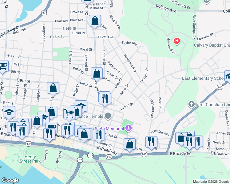map of restaurants, bars, coffee shops, grocery stores, and more near 1131 Pearl Street in Alton