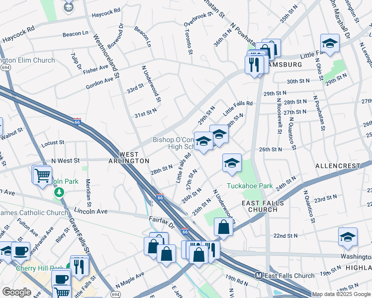 map of restaurants, bars, coffee shops, grocery stores, and more near 2808 North Underwood Street in Arlington