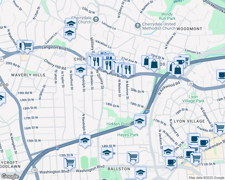 map of restaurants, bars, coffee shops, grocery stores, and more near 2004 North Oakland Street in Arlington