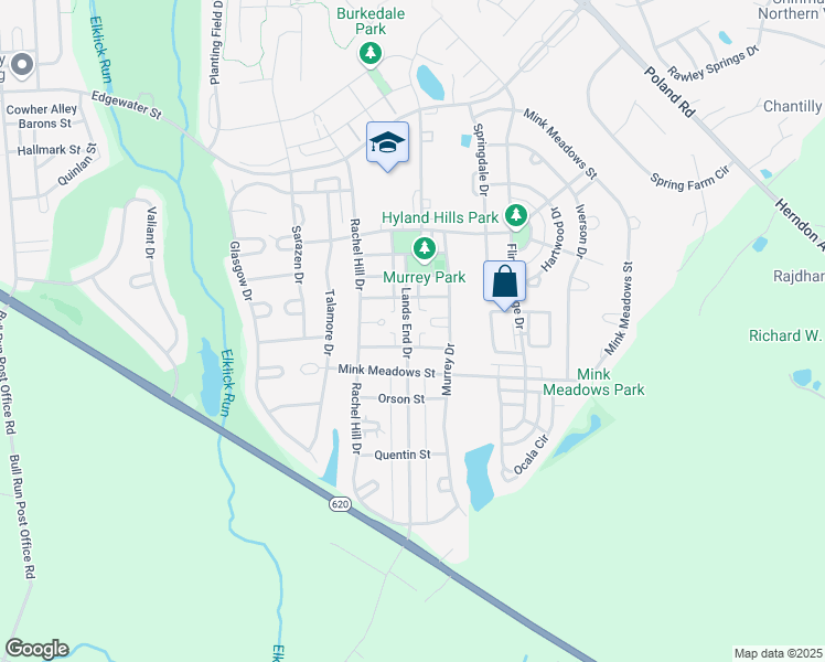 map of restaurants, bars, coffee shops, grocery stores, and more near 26126 Lands End Drive in Chantilly