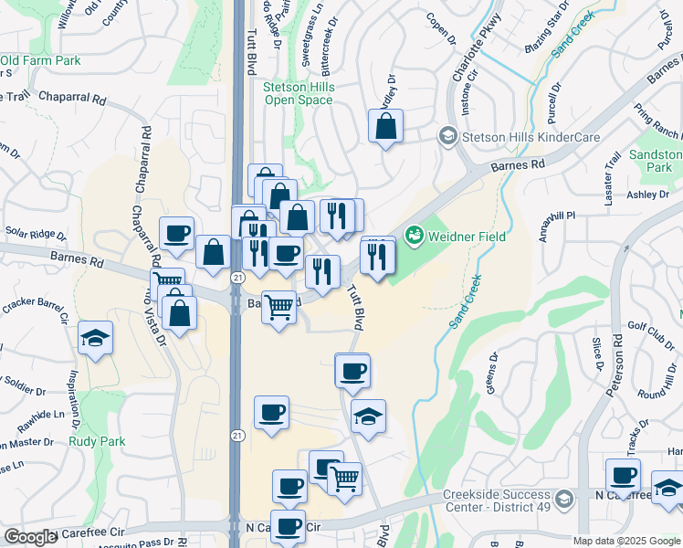 map of restaurants, bars, coffee shops, grocery stores, and more near Barnes Rd & Tutt Blvd in Colorado Springs
