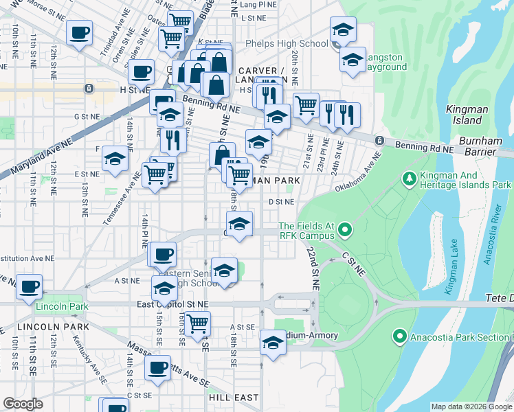 map of restaurants, bars, coffee shops, grocery stores, and more near 101 Independence Avenue Southeast in Washington