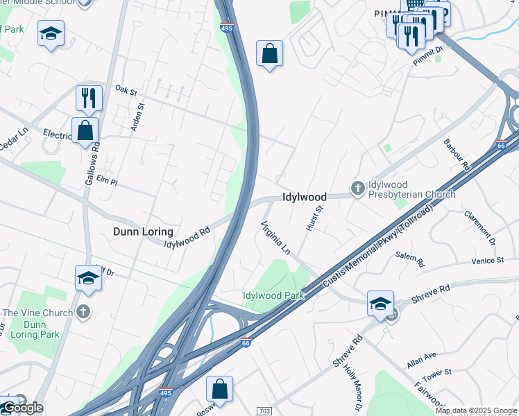 map of restaurants, bars, coffee shops, grocery stores, and more near 7805 Idylwood Road in Falls Church