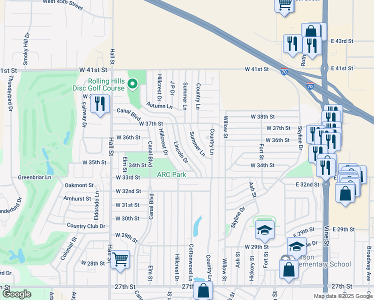 map of restaurants, bars, coffee shops, grocery stores, and more near 3300-3332 Lincoln Dr in Hays