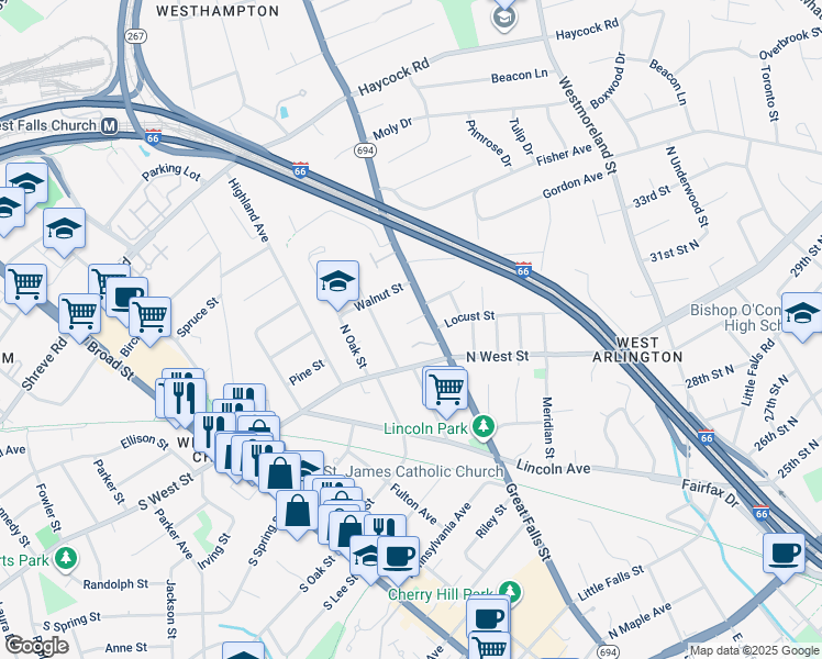 map of restaurants, bars, coffee shops, grocery stores, and more near 6729 Crest Place in Falls Church