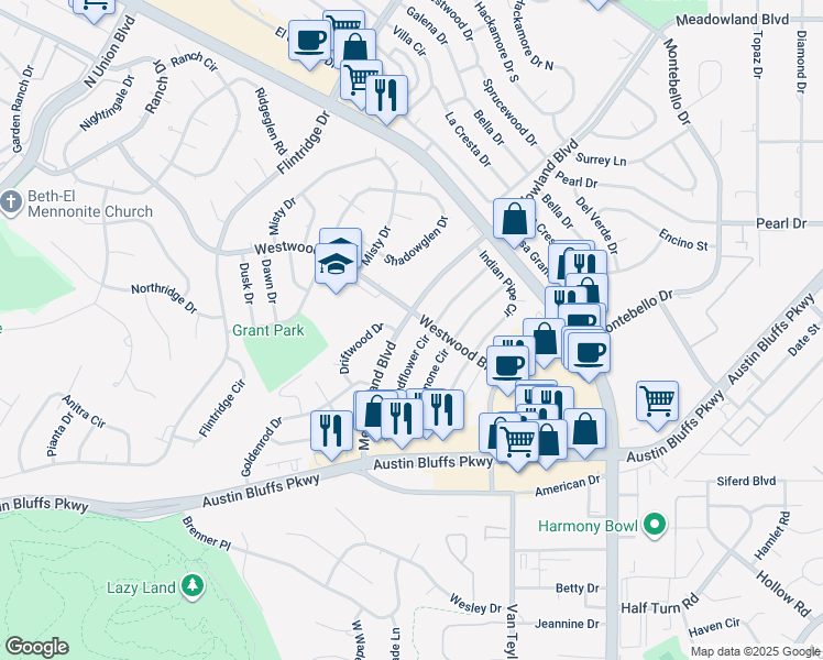 map of restaurants, bars, coffee shops, grocery stores, and more near 3639 Meadowland Boulevard in Colorado Springs