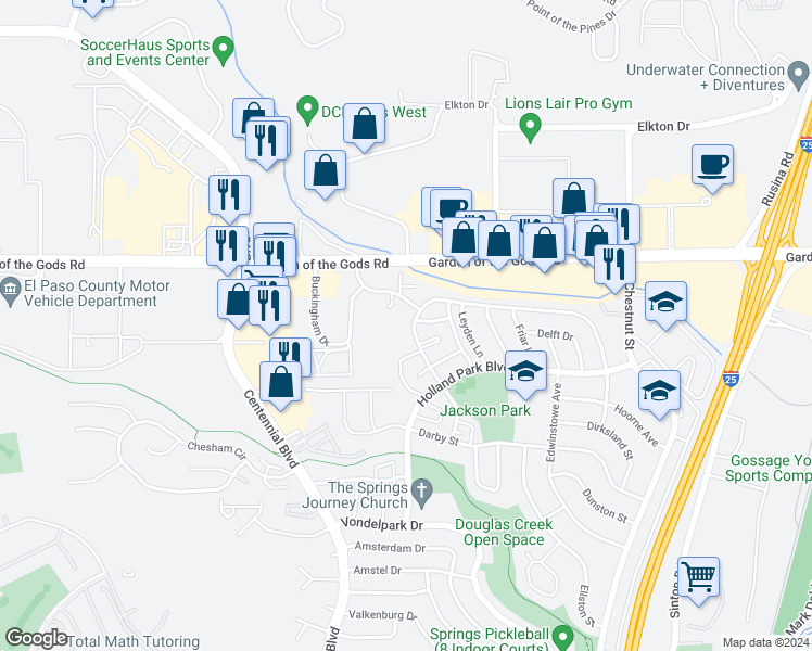 map of restaurants, bars, coffee shops, grocery stores, and more near 4301 Forrest Hill Road in Colorado Springs