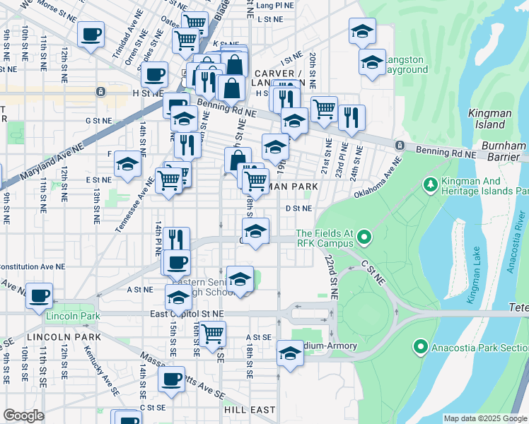 map of restaurants, bars, coffee shops, grocery stores, and more near 101 Independence Avenue Southeast in Washington