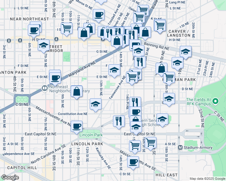 map of restaurants, bars, coffee shops, grocery stores, and more near 101 Independence Avenue Southeast in Washington