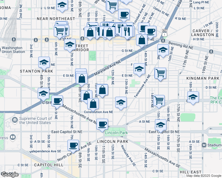 map of restaurants, bars, coffee shops, grocery stores, and more near 101 Independence Avenue Southeast in Washington