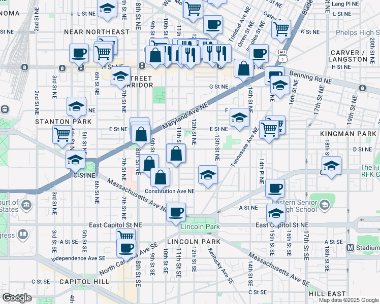 map of restaurants, bars, coffee shops, grocery stores, and more near 101 Independence Avenue Southeast in Washington