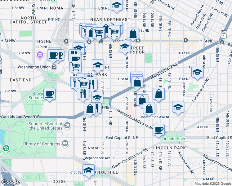 map of restaurants, bars, coffee shops, grocery stores, and more near 101 Independence Avenue Southeast in Washington