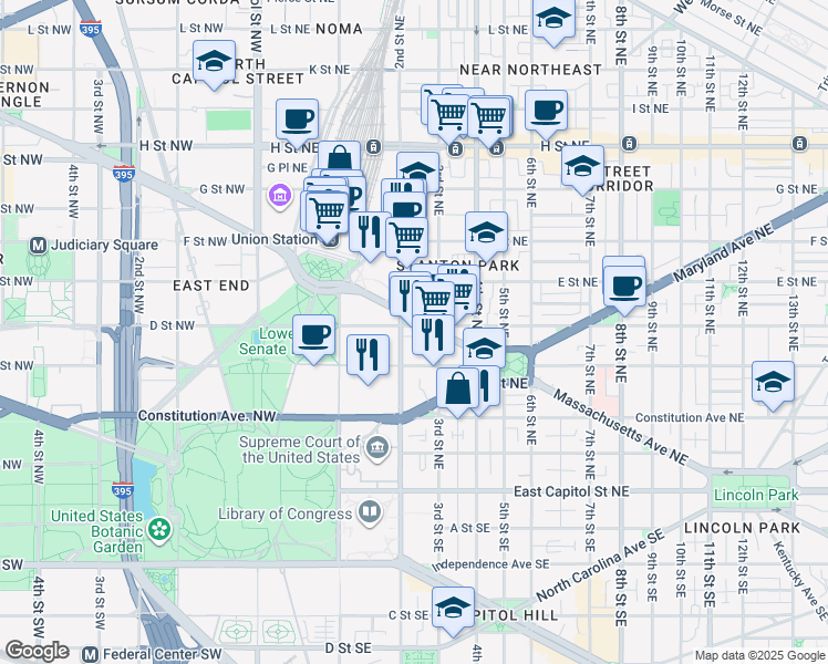 map of restaurants, bars, coffee shops, grocery stores, and more near 101 Independence Avenue Southeast in Washington